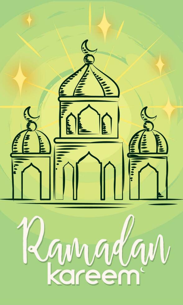 Sketch of an arab mosque with stars Colored Ramadan Kareem Vector illustration