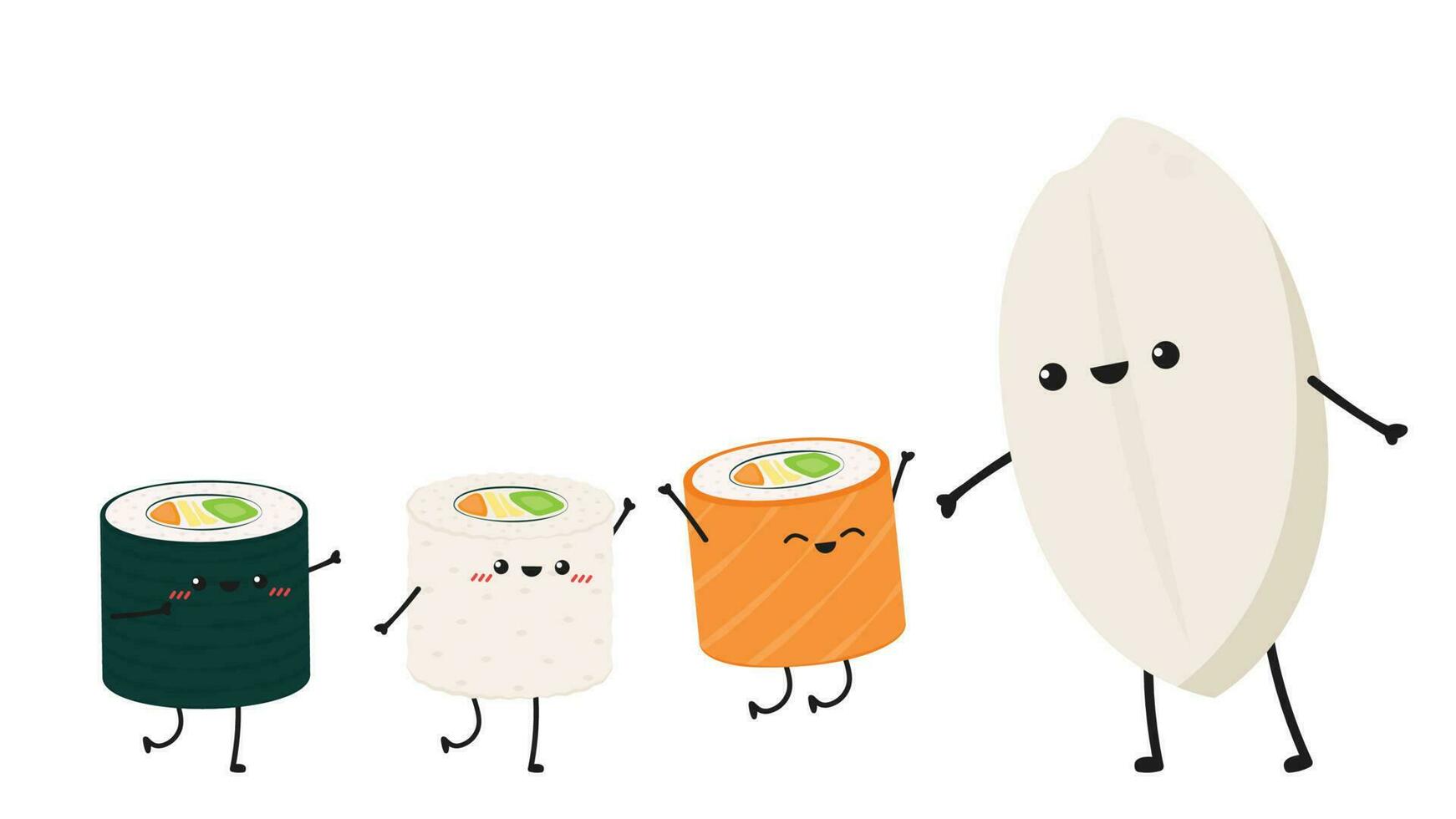 Sushi and Rice character Sushi on white background. salmon roll. japan rice. vector
