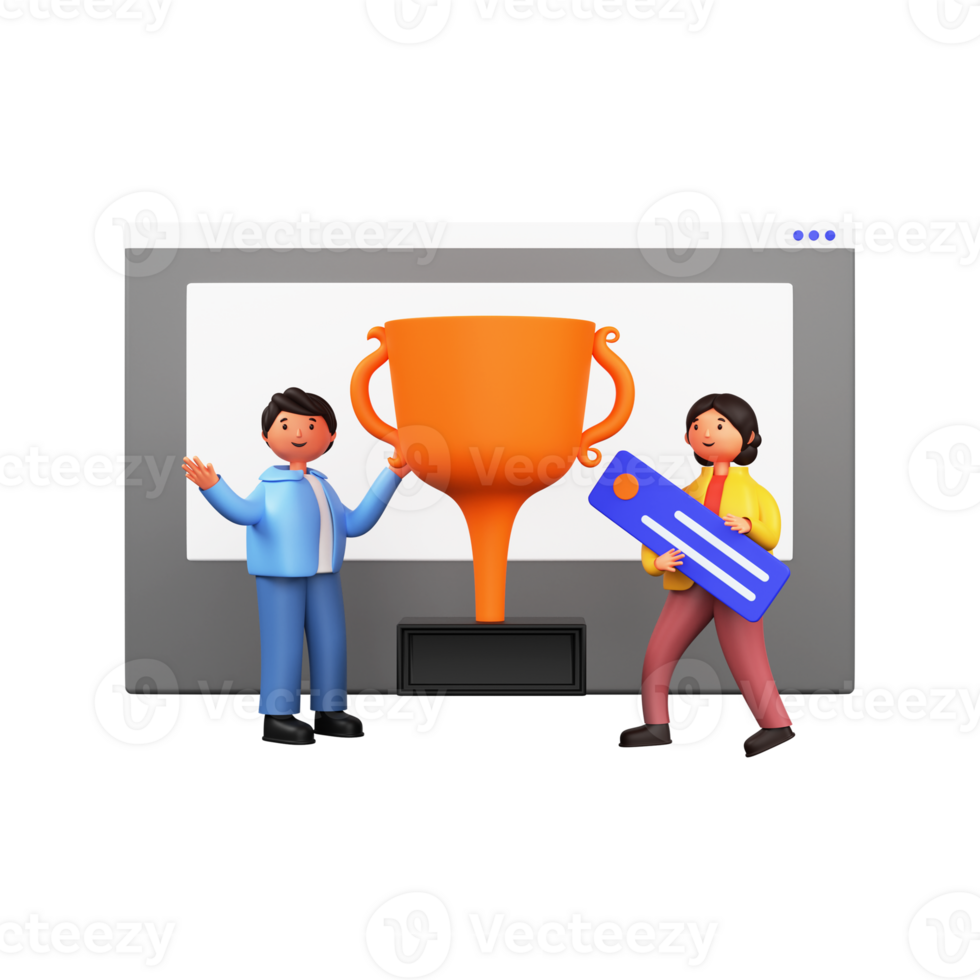 3D Render of Cheerful Businessman And Woman Standing With Trophy Cup, png