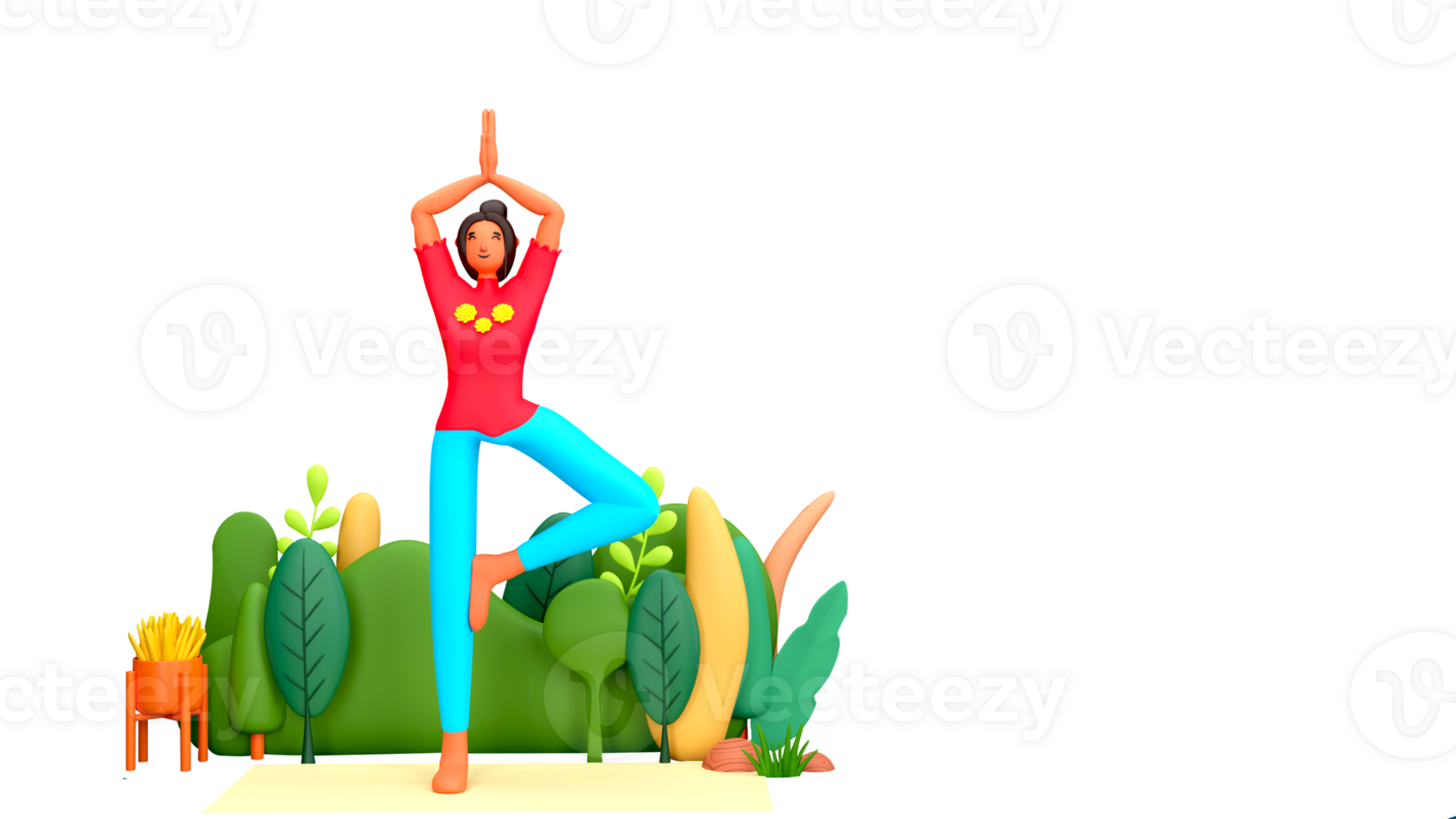 International Yoga Day Banner Design With 3D Cartoon Woman Practicing Vrikshasana Pose And Nature View png