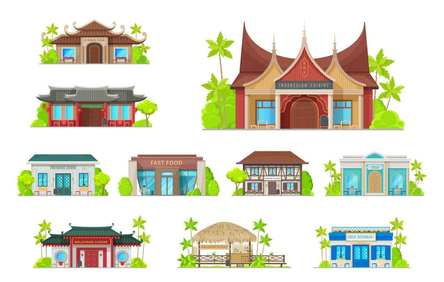 Restaurant building icons, cafe and bistro vector