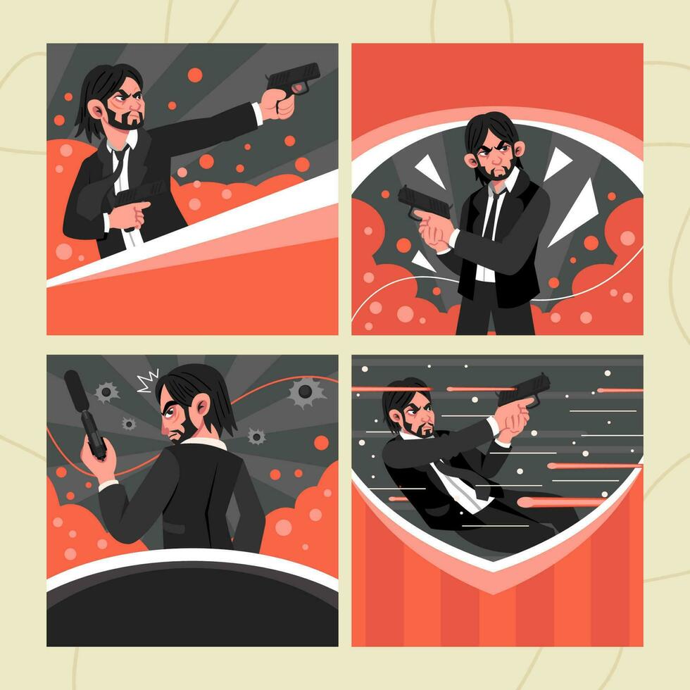 Social Media Set of Man in Black Suit Holding Gun vector