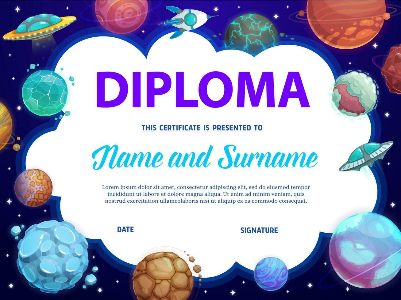 educación colegio diploma con fantasía planetas vector