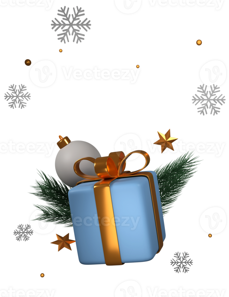 3D Render of Gift Box With Bauble, Golden Stars, Fir Leaves, Snowflakes. png