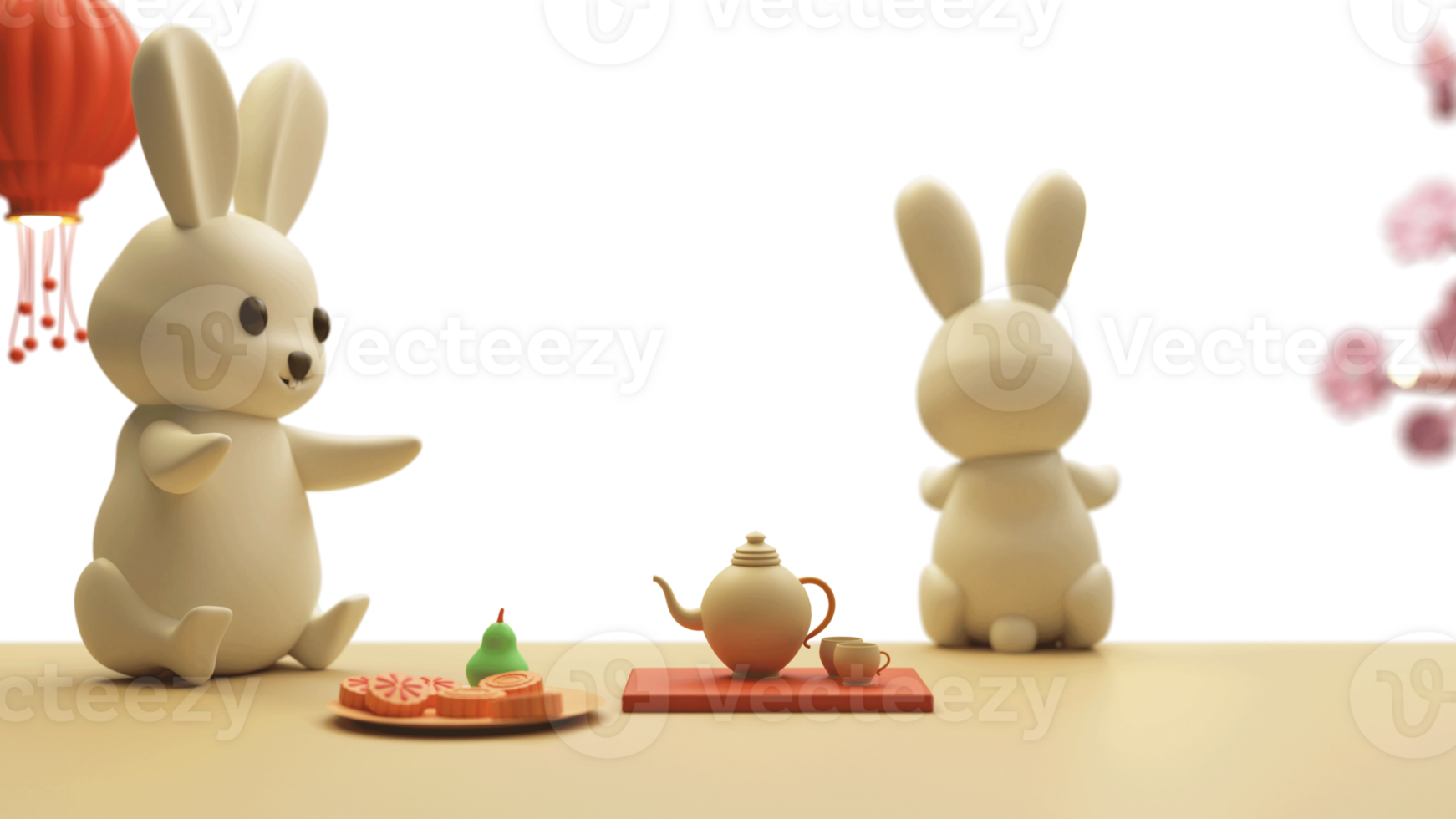 3D Render of Cartoon Bunnies With Plate of Mooncakes, Tea Kettle, Cups, Chinese Lantern. png