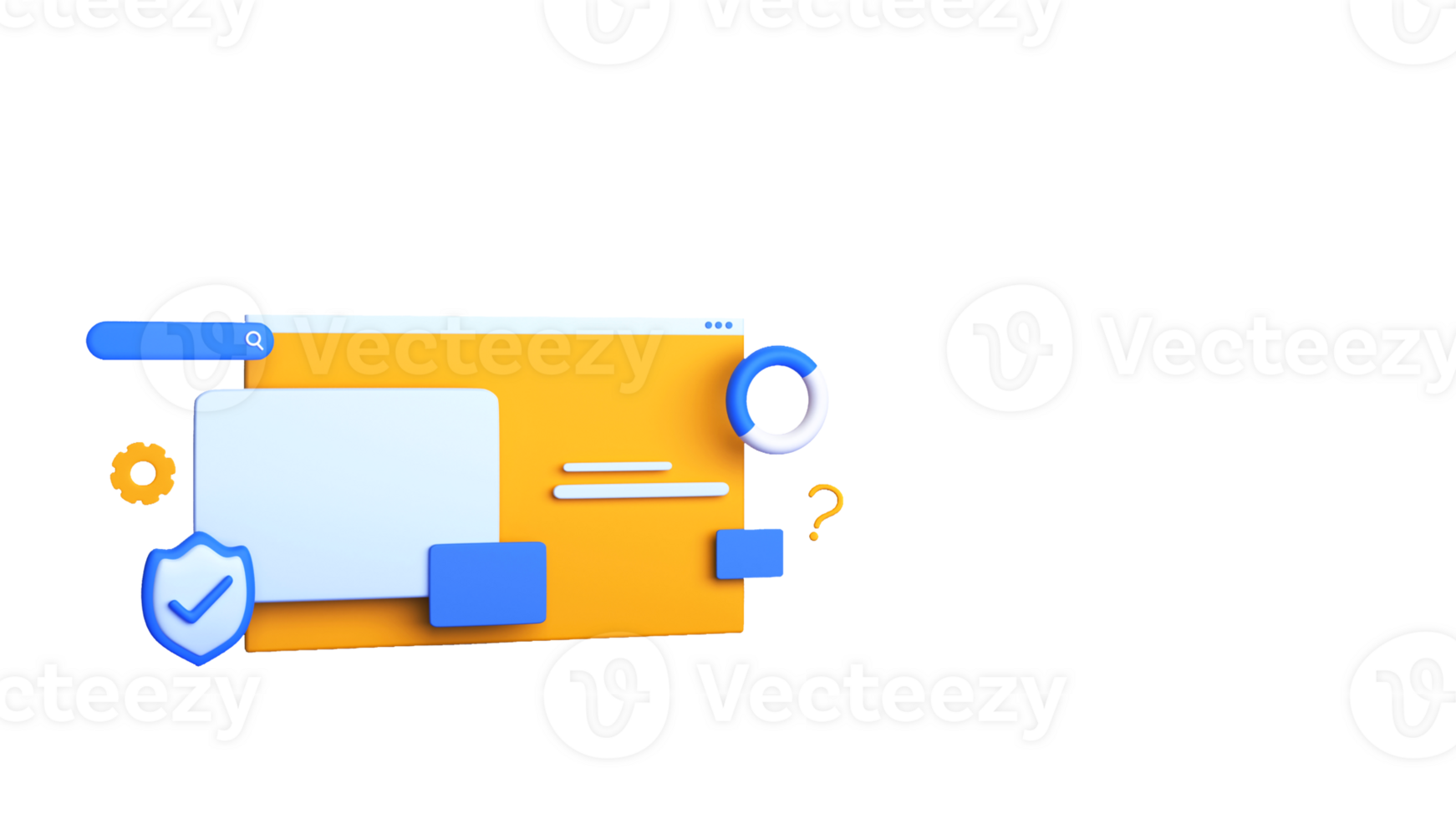 3D Render of Website or Webpage With Pie Chart, Approve Security Shield, Cogwheel, Search Engine. png
