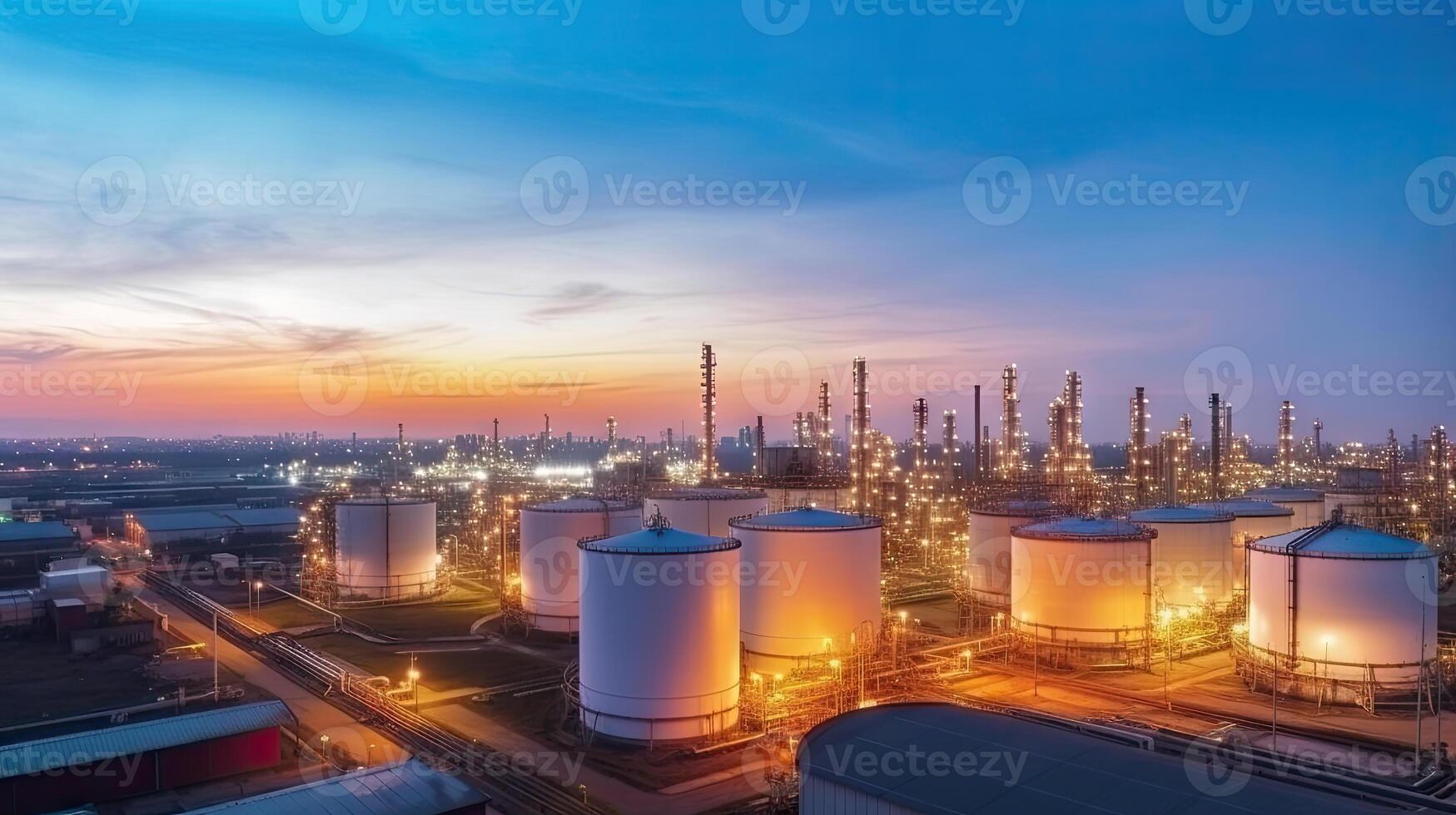 Aerial top view of factory station, oil fuel storage tank, petroleum refinery, manufactory, industrial process plant oil refinery for energy with . photo