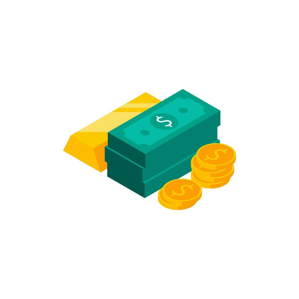 Gold Bar, Dollar and Coin - White Background icon vector isometric. Flat style vector illustration.