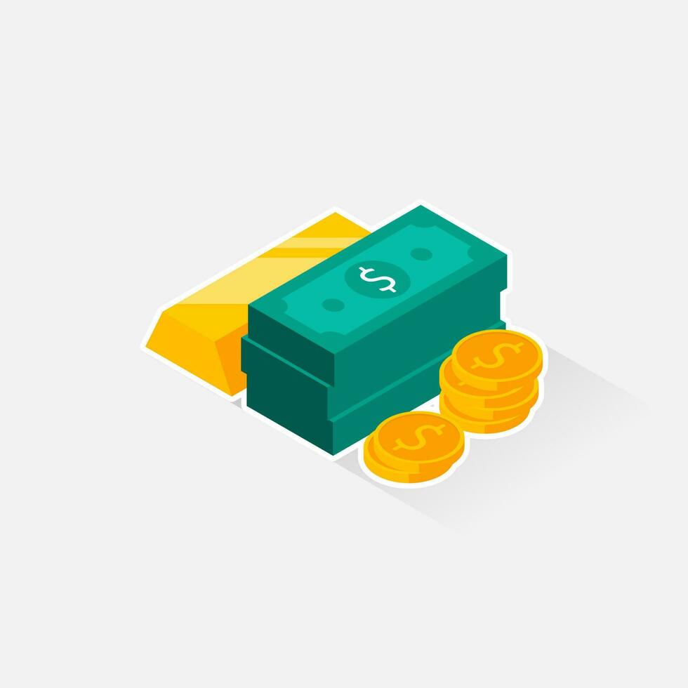 Gold Bar, Dollar and Coin - White Stroke with Shadow icon vector isometric. Flat style vector illustration.