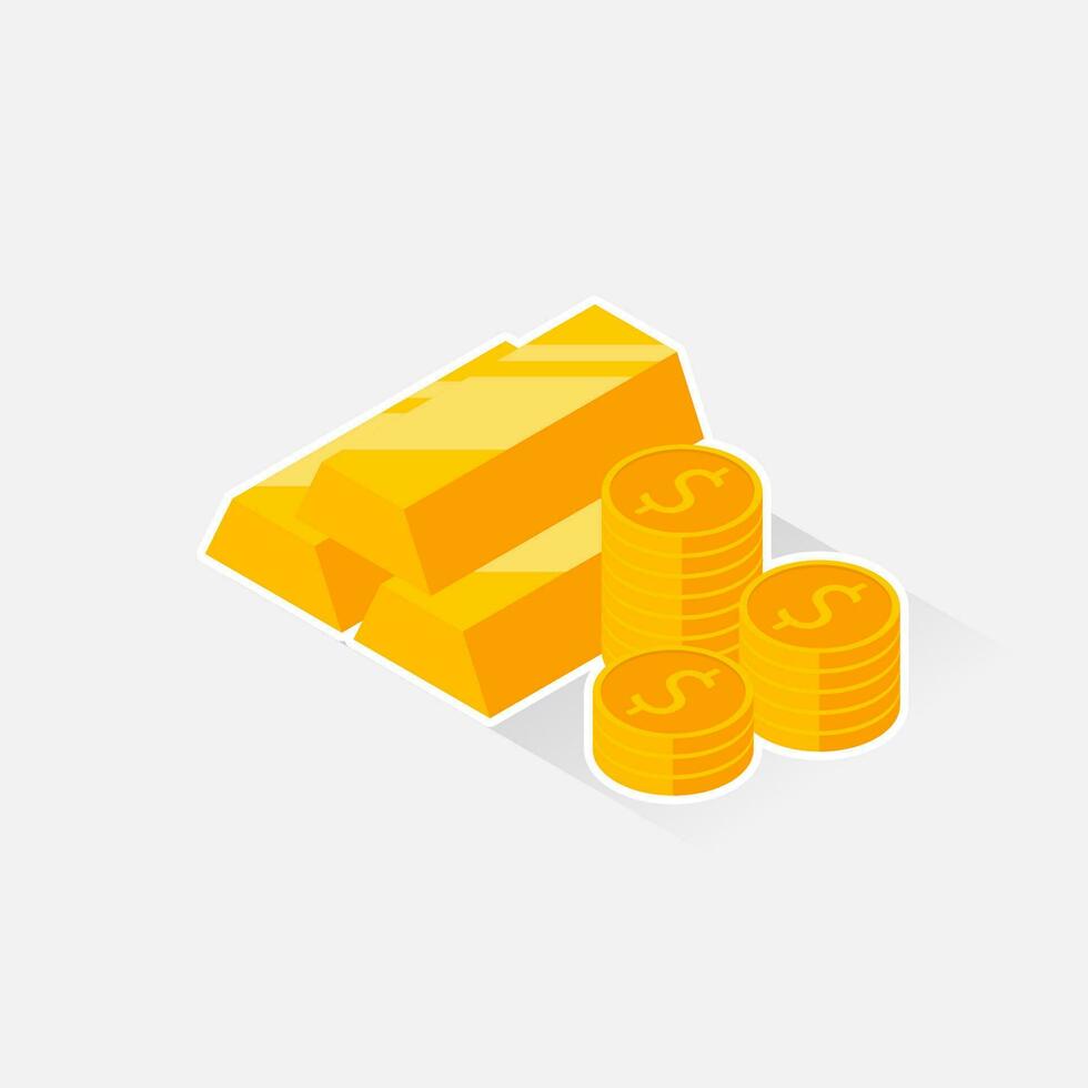 Gold Bar and Coin - White Stroke with Shadow icon vector isometric. Flat style vector illustration.