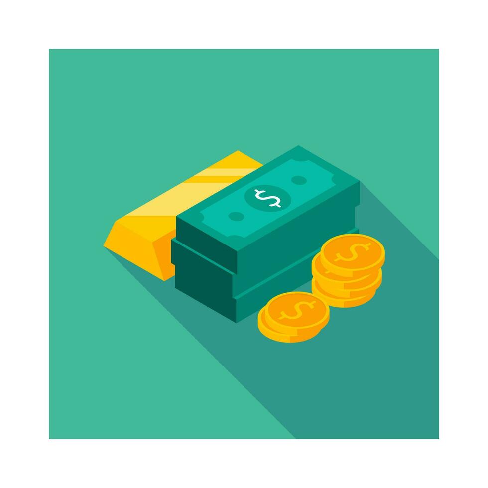 Gold Bar, Dollar and Coin icon vector isometric. Flat style vector illustration.