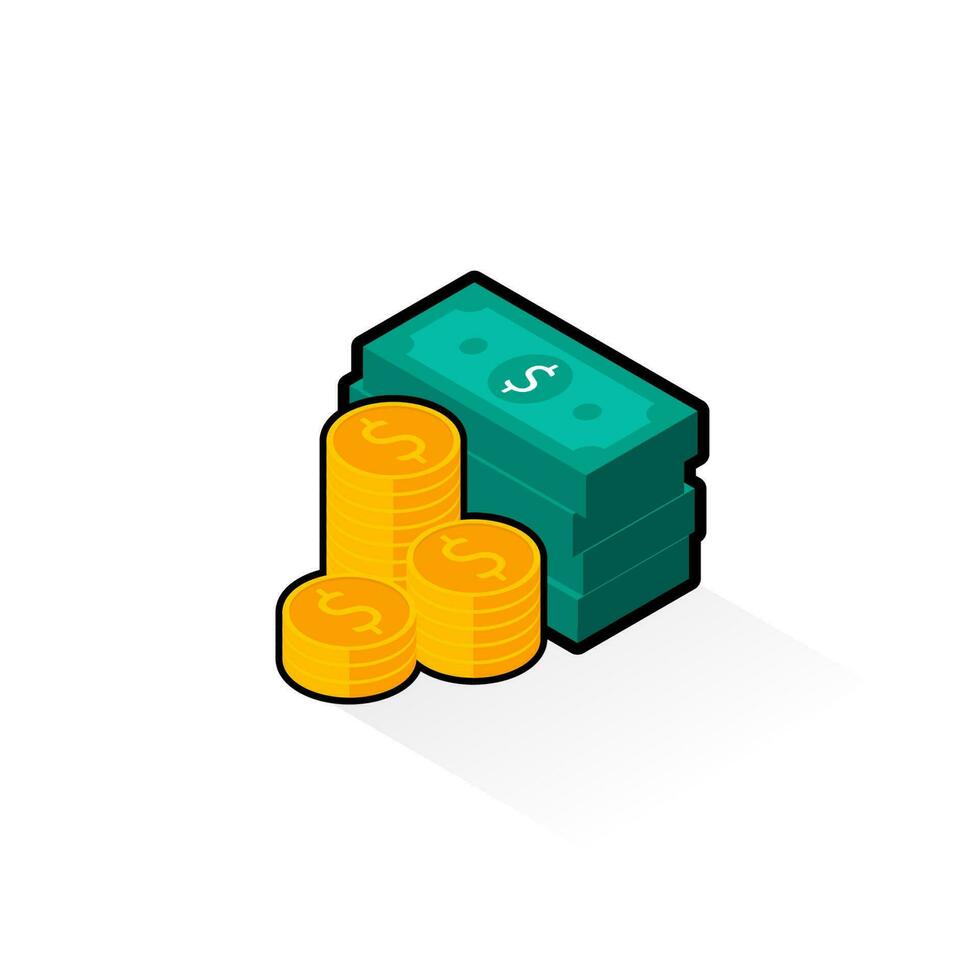 Dollar Money and Coin - Black Stroke with Shadow icon vector isometric. Flat style vector illustration.