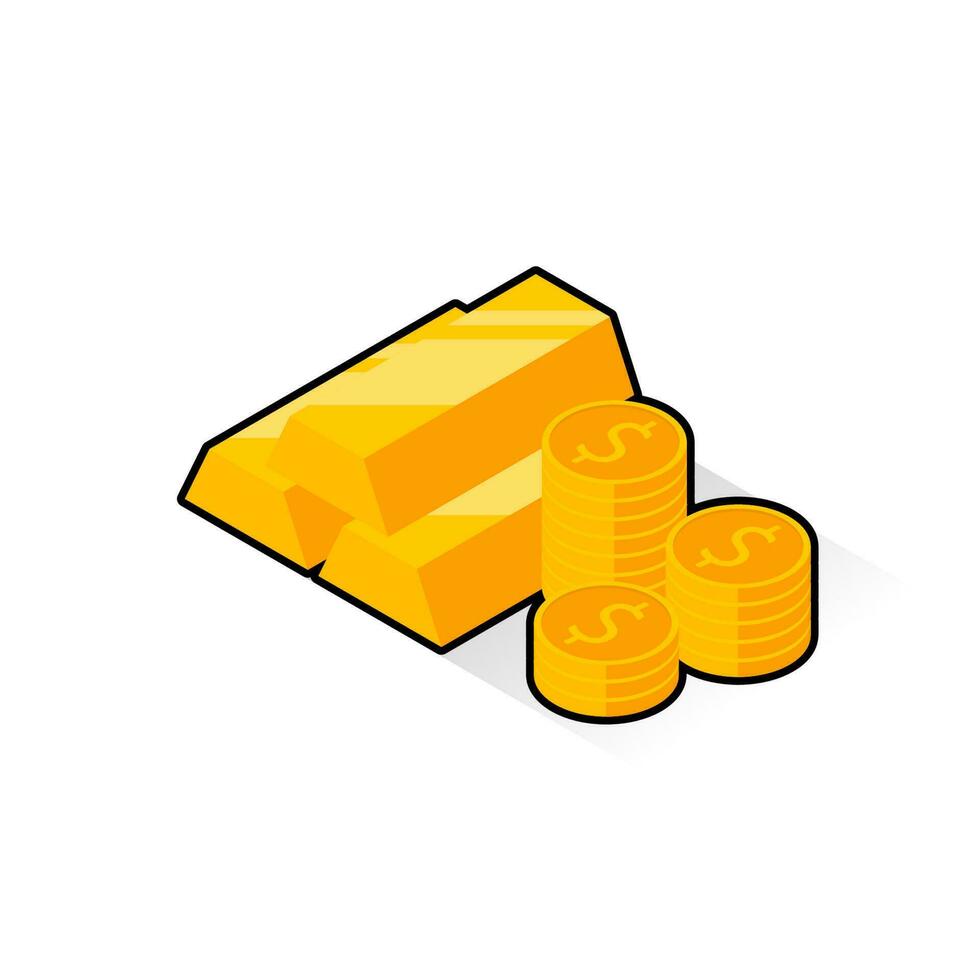 Gold Bar and Coin - Black Stroke with Shadow icon vector isometric. Flat style vector illustration.