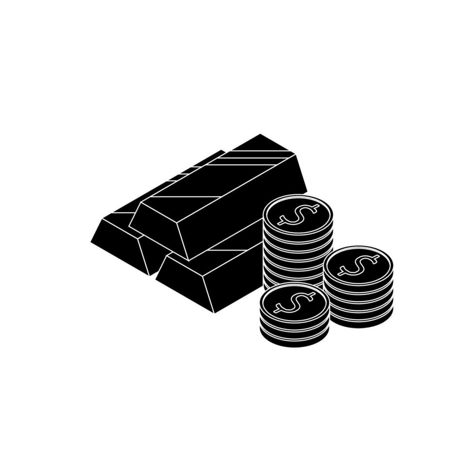 Gold Bar and Coin - White Outline icon vector isometric. Flat style vector illustration.