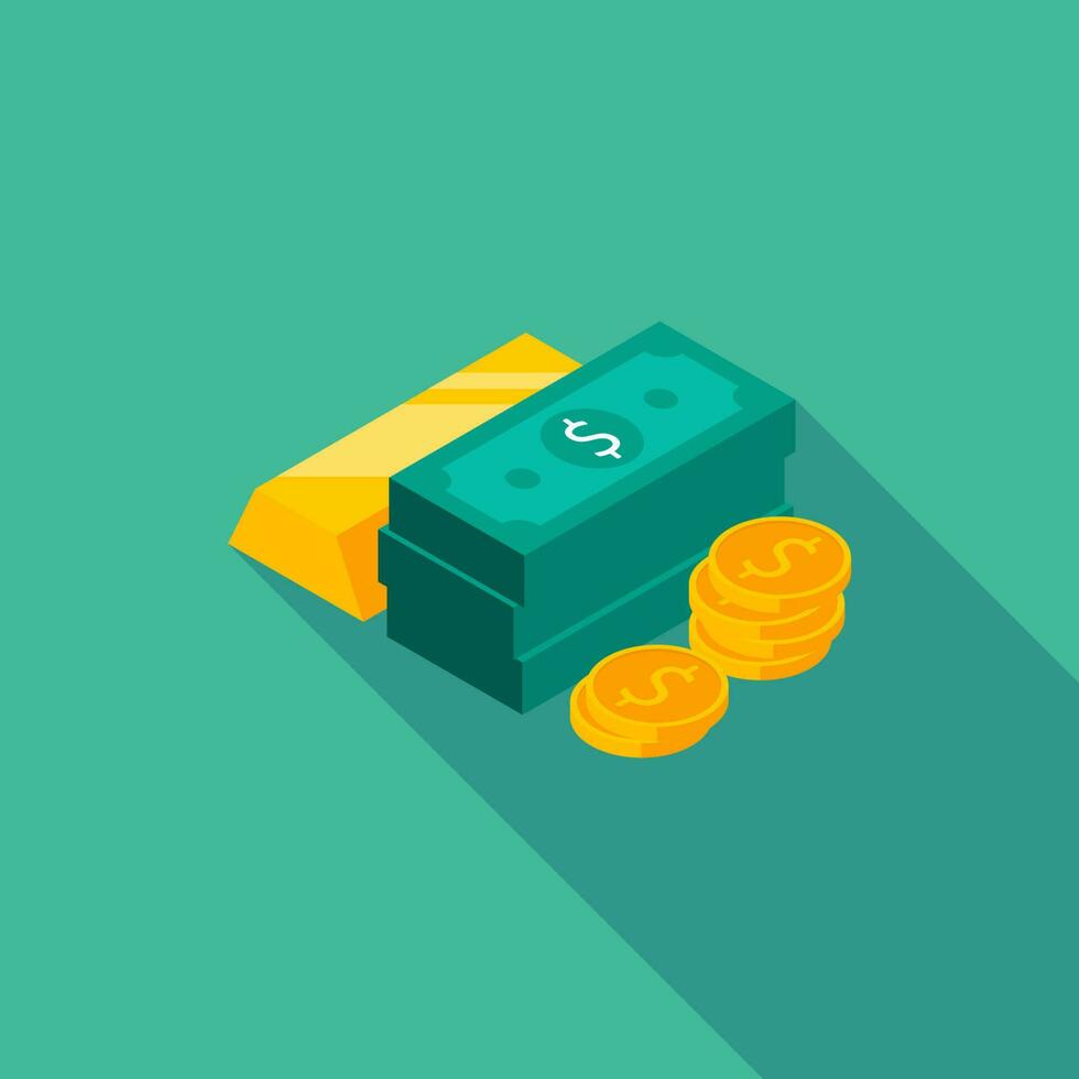 Gold Bar, Dollar and Coin icon vector isometric. Flat style vector illustration.