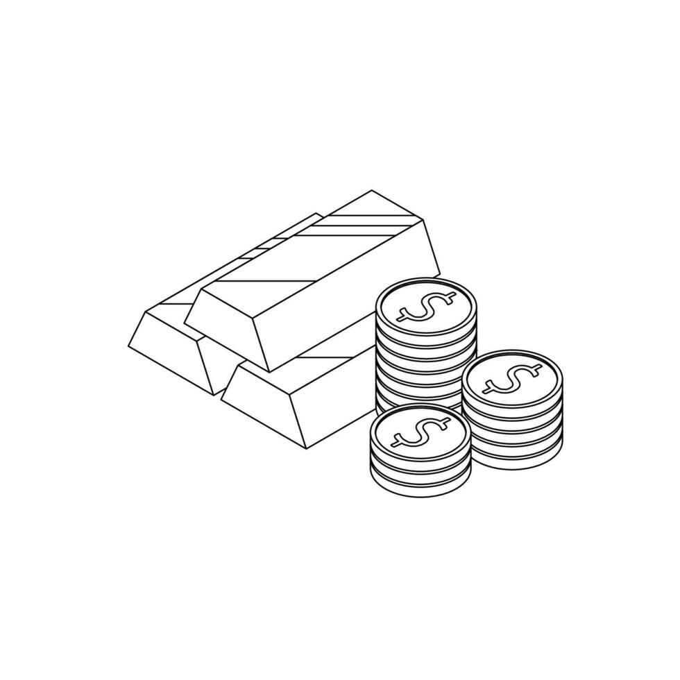 Gold Bar and Coin - Black Outline icon vector isometric. Flat style vector illustration.