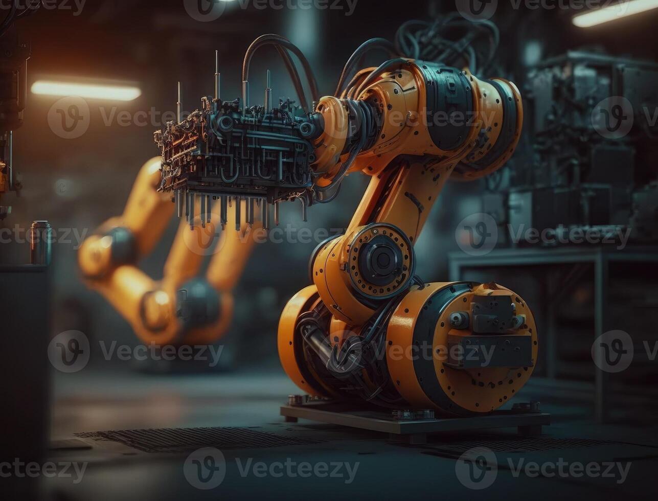 Smart industry robot arms for digital factory production technology showing automation manufacturing process. photo