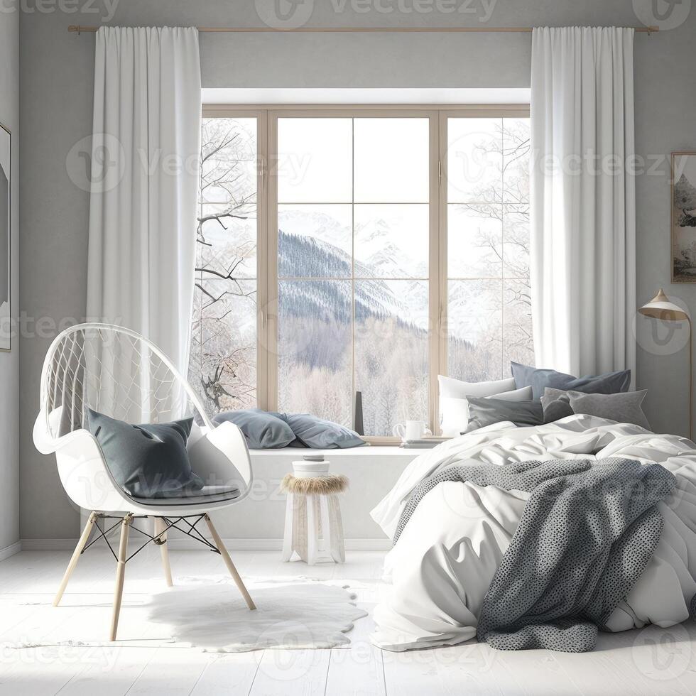 Stylish room interior with big comfortable bed in scandinavian style. photo