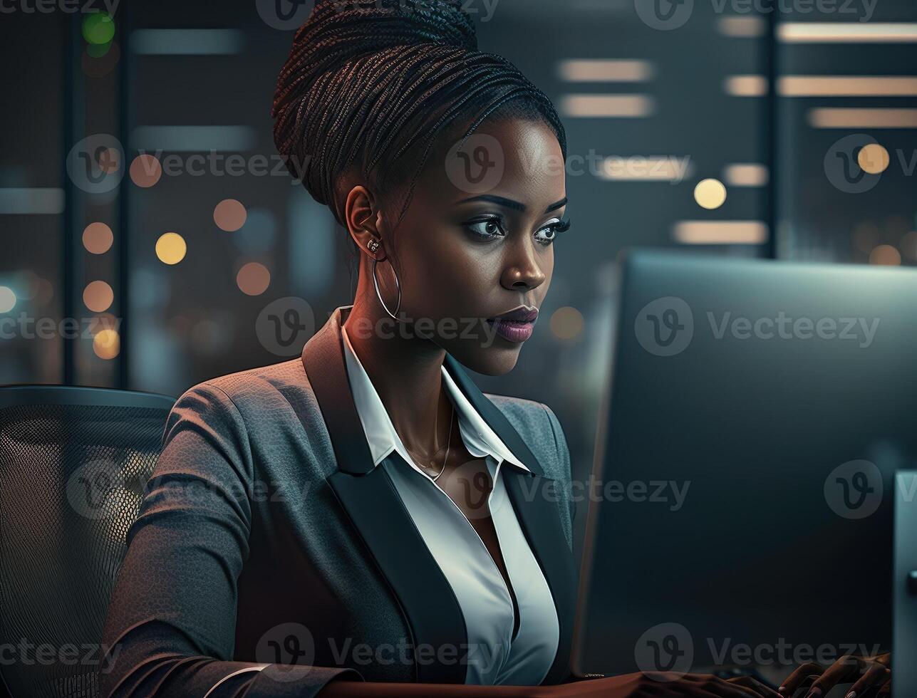 Modern Office Black Businesswoman Sitting at Her Desk Working on a Computer. Smiling Successful African American Woman. photo
