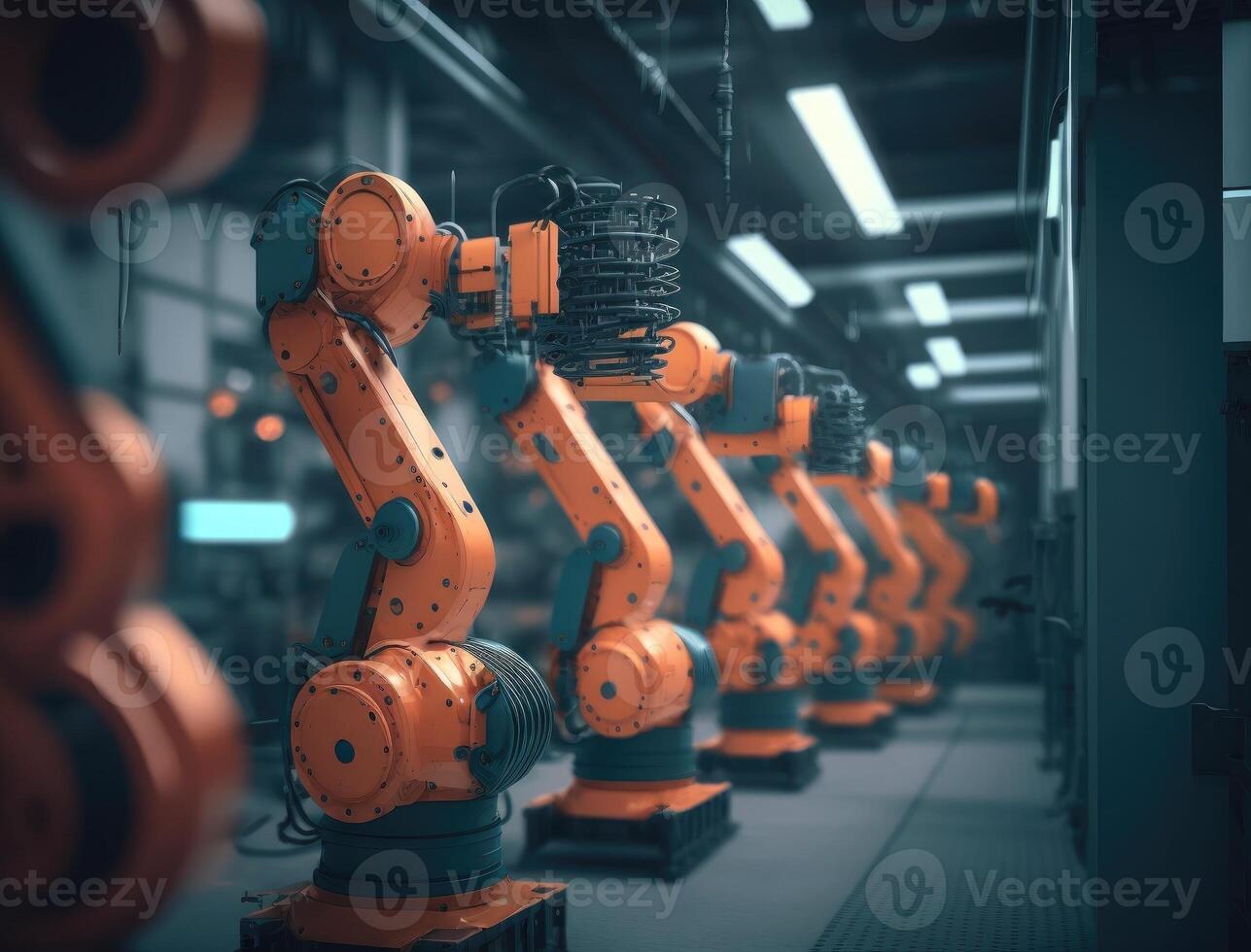 Smart industry robot arms for digital factory production technology showing automation manufacturing process. photo