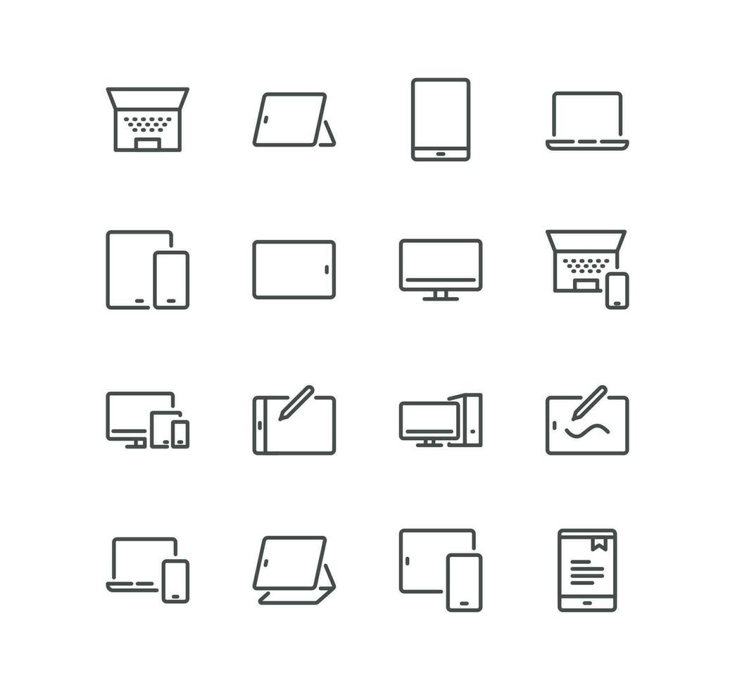 Set of personal devices related icons, tablet, desktop pc workstation, monitor, display, portable device, laptop, keyboard and linear variety vectors. vector