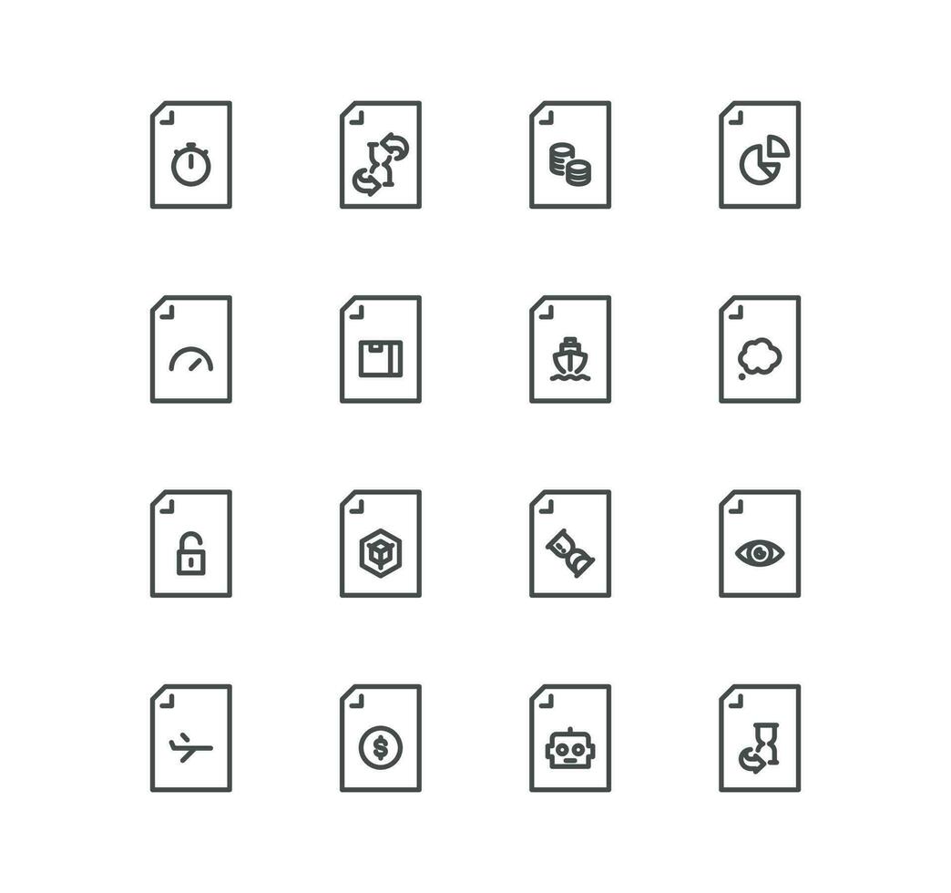 Set of document flow management related icons, form, data, document, batch processing, bureaucracy and linear variety vectors. vector