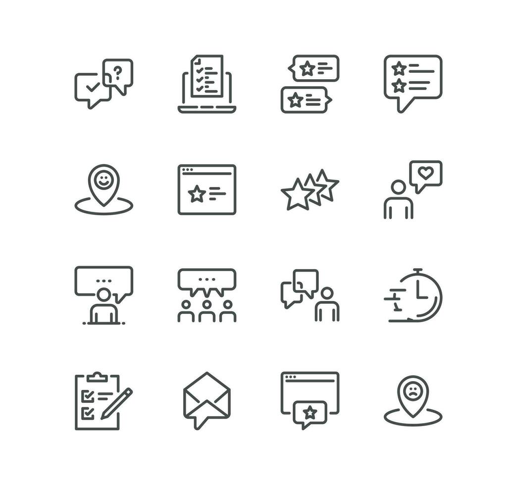 Set of feedback related icons, rating, testimonials, customer relationship management, quick response, review, satisfaction and linear variety vectors. vector