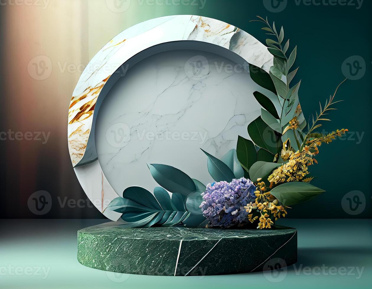 Abstract 3d podium for product presentation with geometric shapes, Empty round podium,Platforms for product presentation show new product background. photo