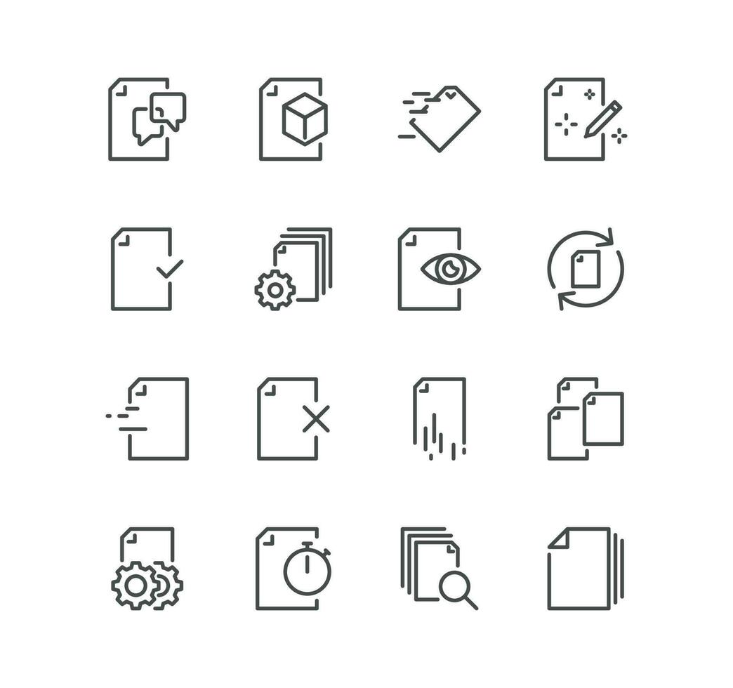 Set of document flow management related icons, form, data, document, batch processing, bureaucracy and linear variety vectors. vector