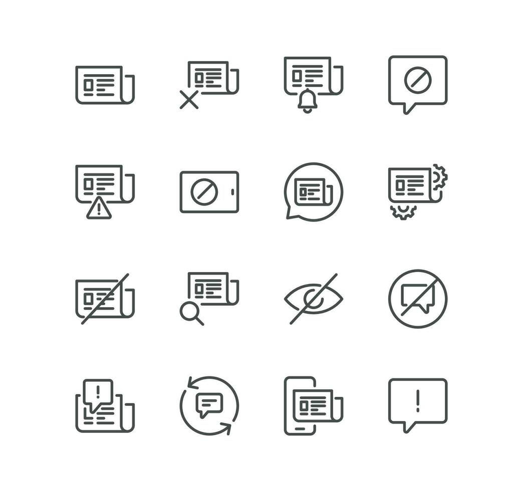 Set of fake news related icons, wrong information, propaganda, innappropriate content, newspaper, press and linear variety vectors. vector