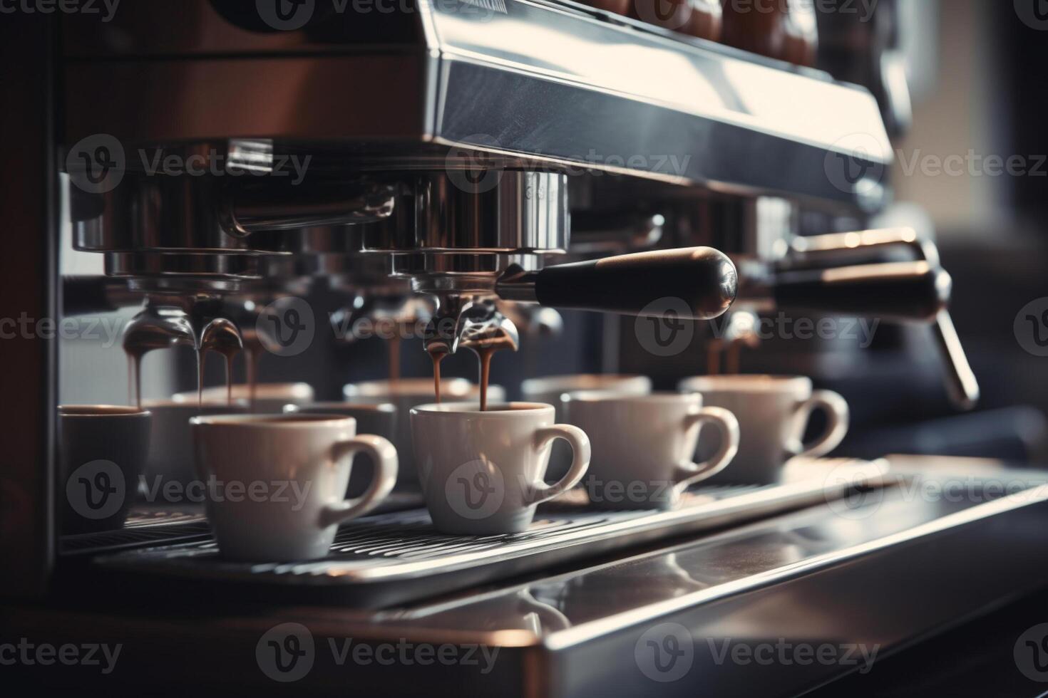 espresso machine dispenses coffee into cups on stainless steel espressor with photo