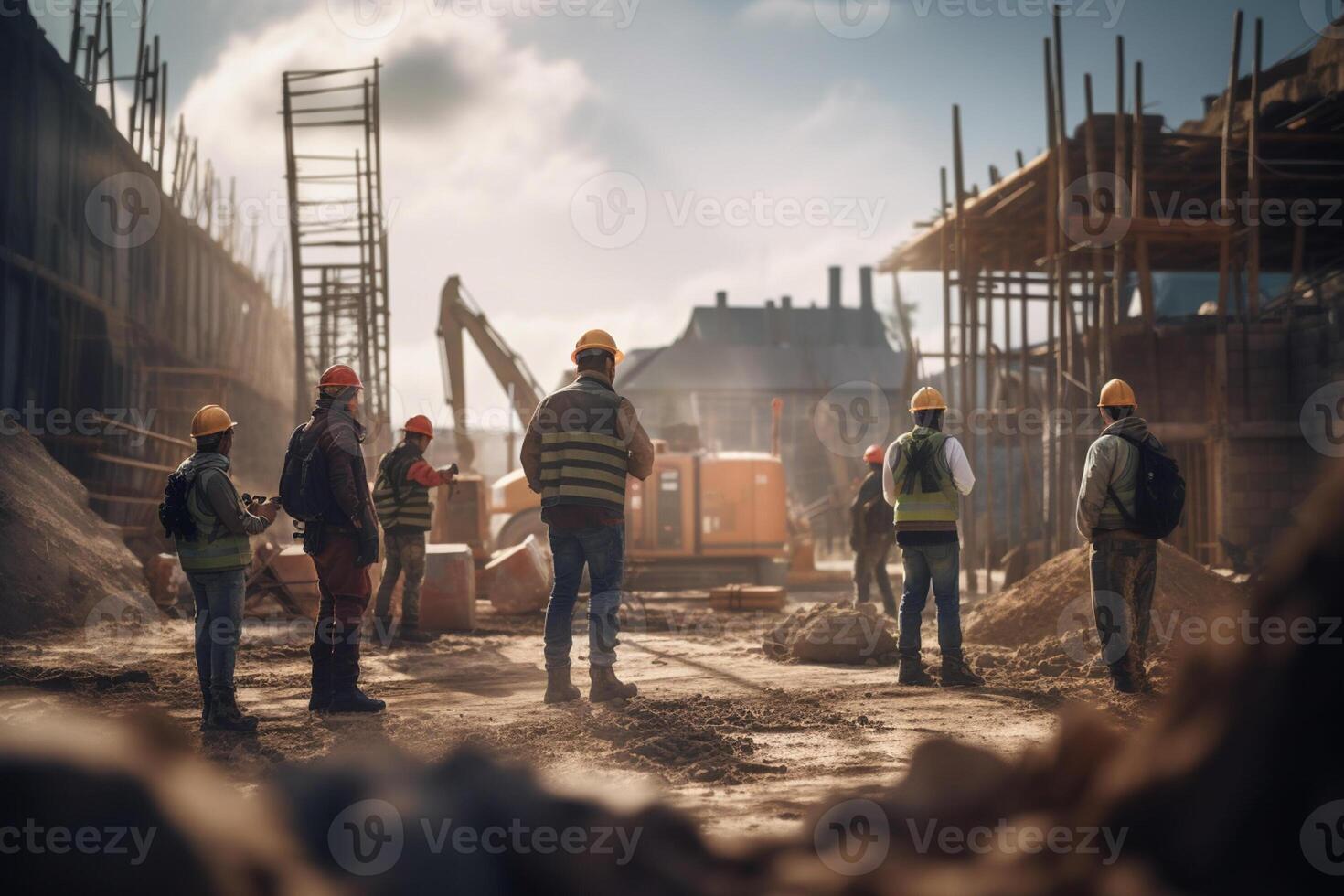 Group of builders working at construction site by taking pictures from