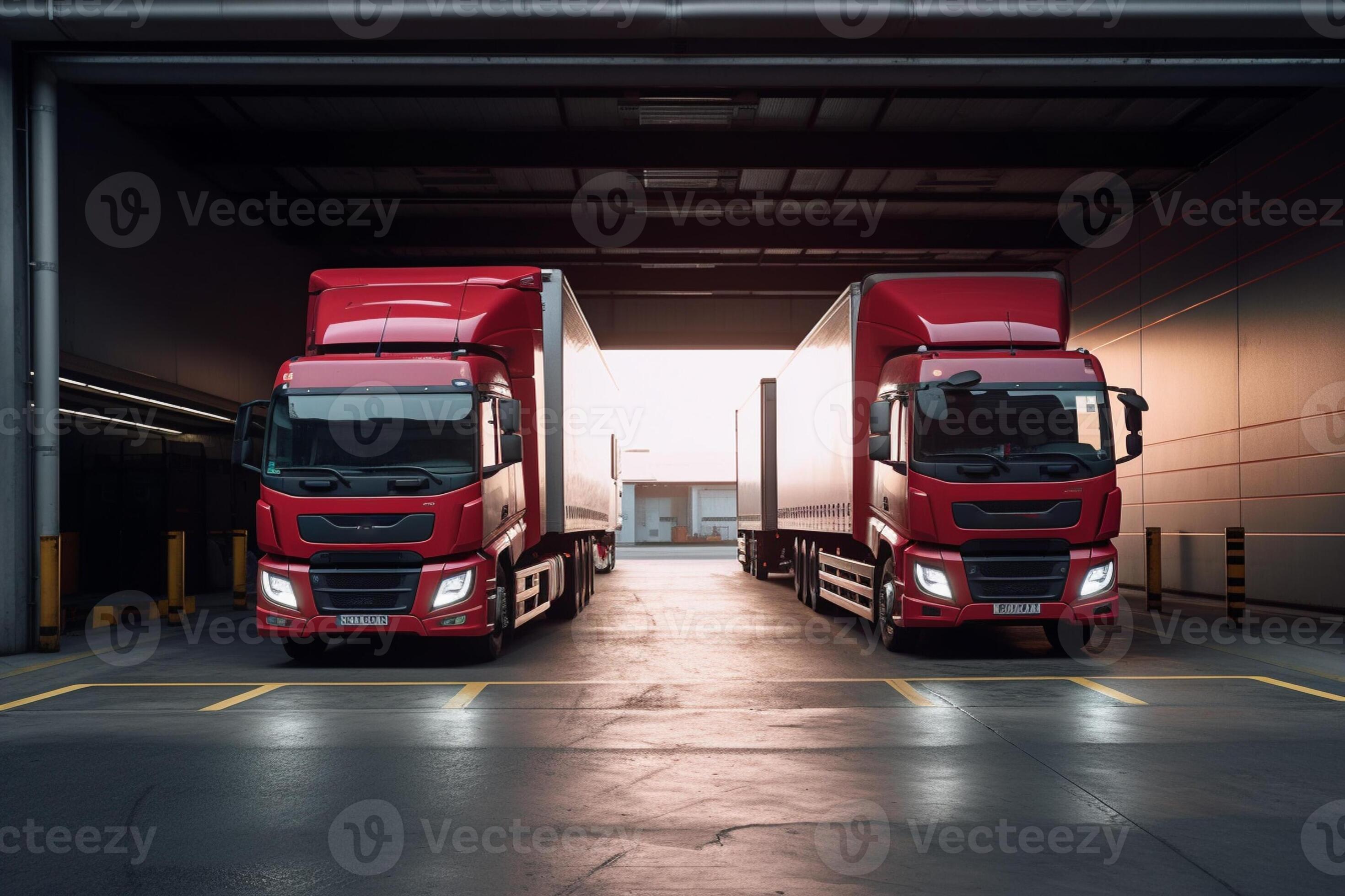 loading bay with two trucks parked outside in the style of modern with