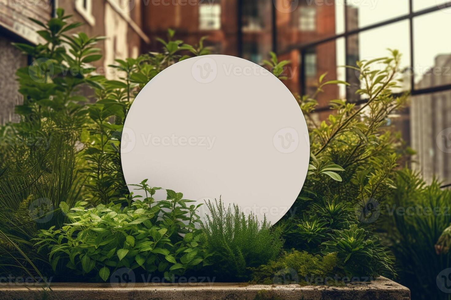a blank white round metal sign mock up in modern urban with photo