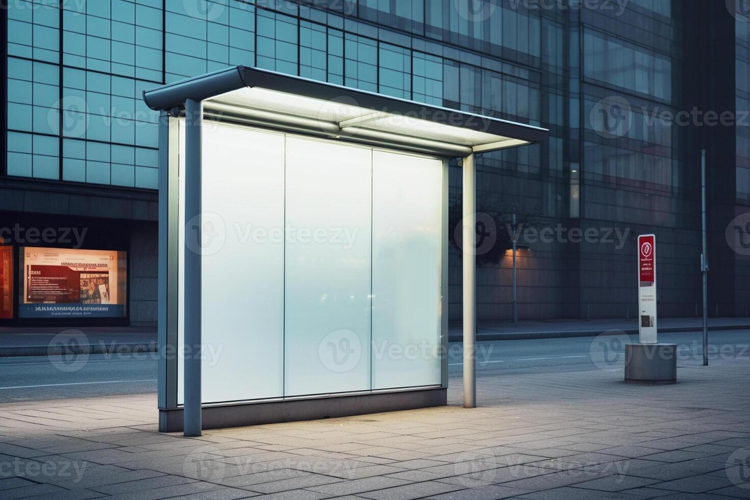 a bus stop with a large blank billboard on the pavement with photo