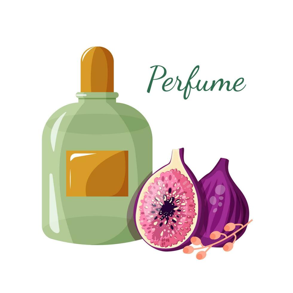 Beautiful perfume bottle with fig perfume isolated on white background. Summer parfume. Vector illustration