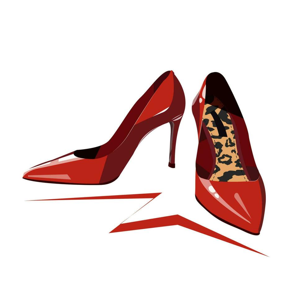 Fashionable red women s shoes with high heels and leopard insole. vector