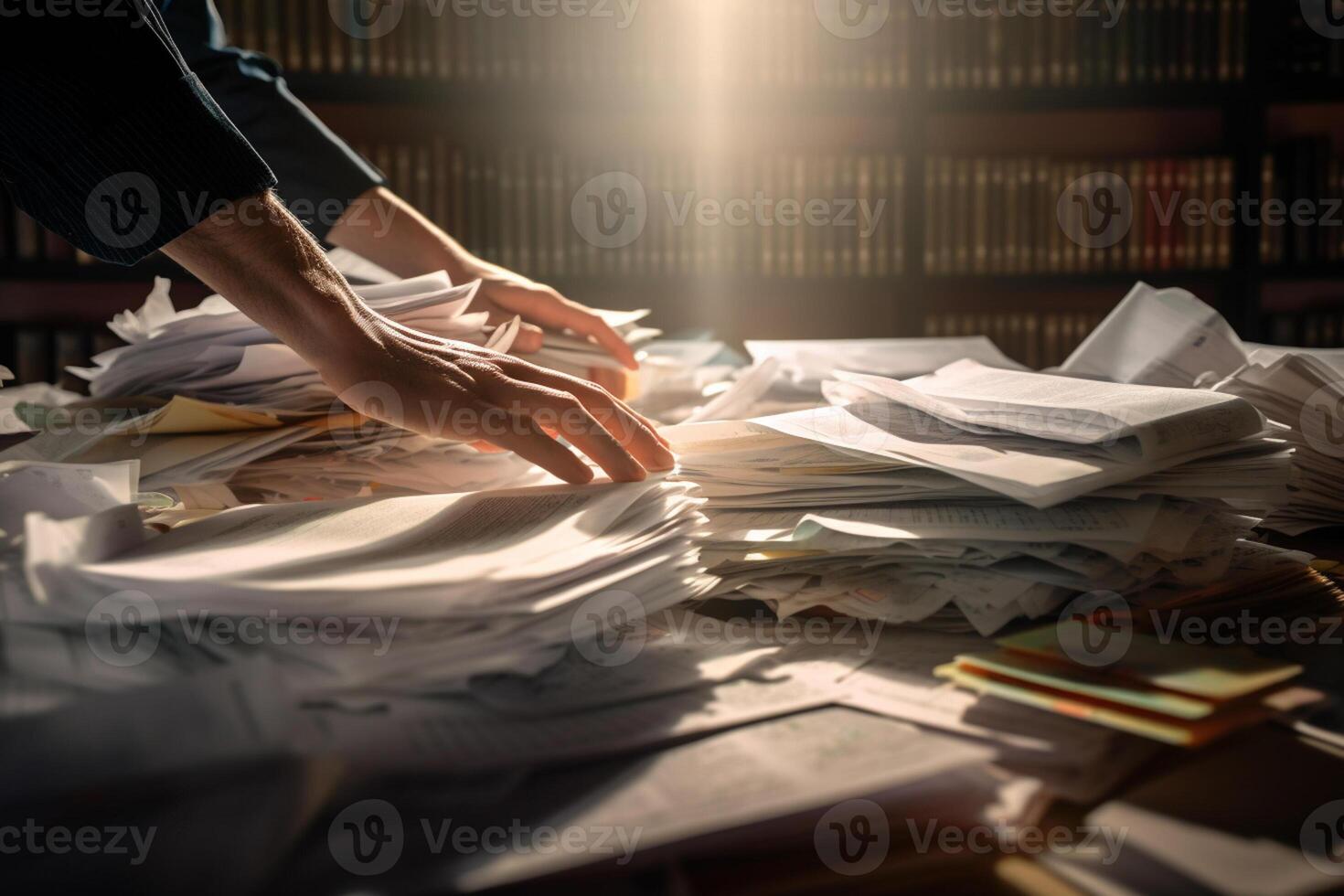 the hands of an office worker working with stacks of documents with photo