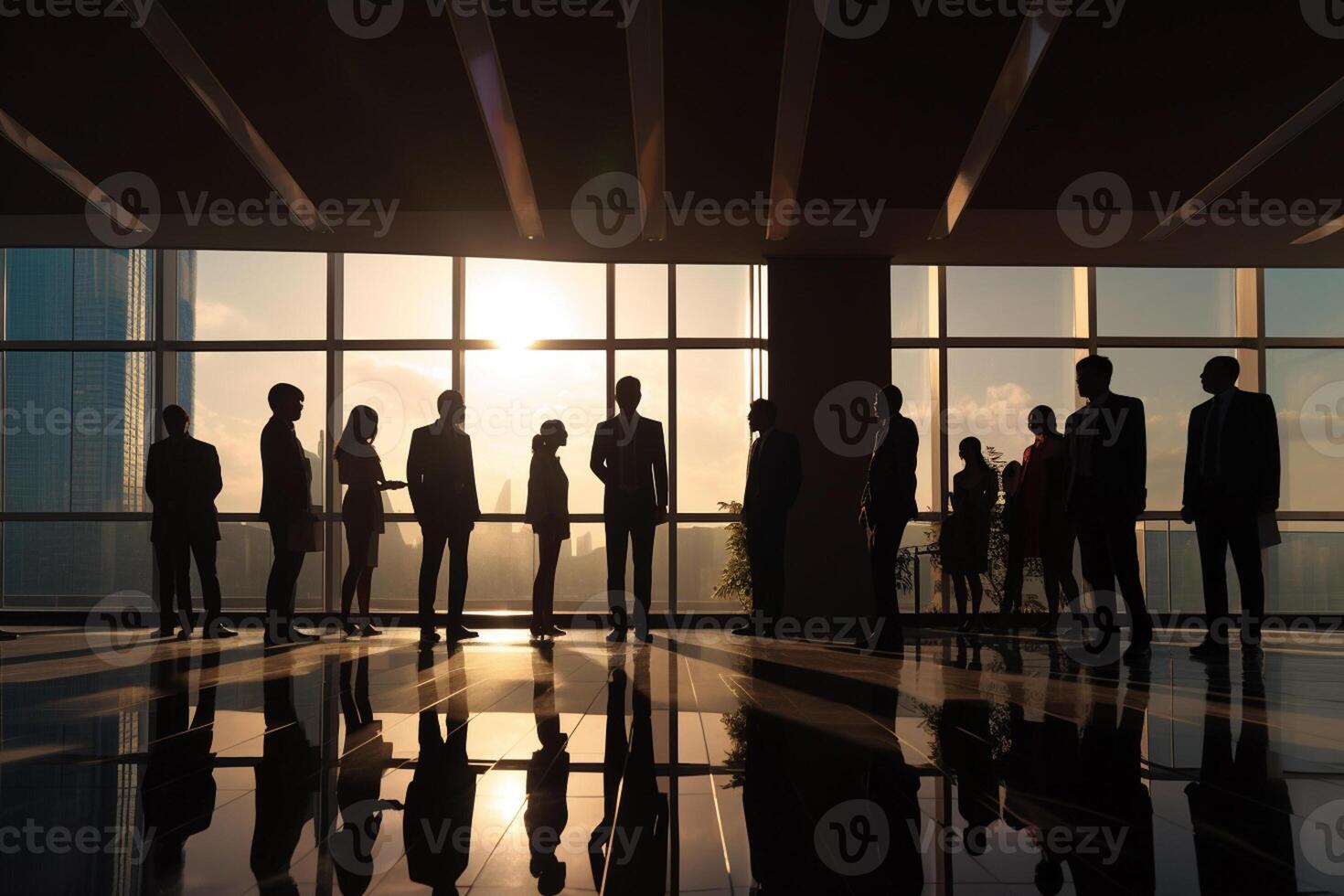 silhouette business people working at bright office with photo
