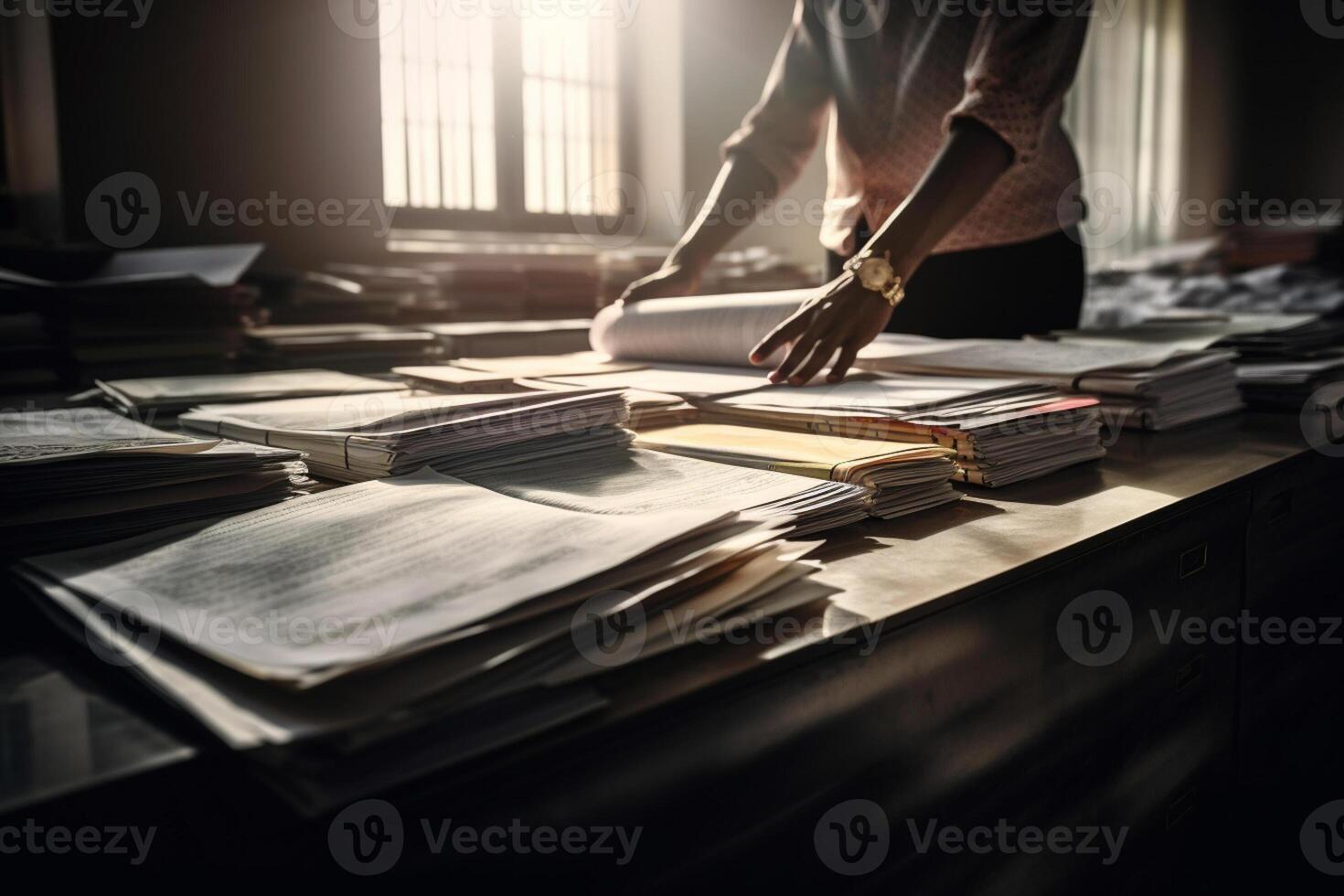 the hands of an office worker working with stacks of documents with photo