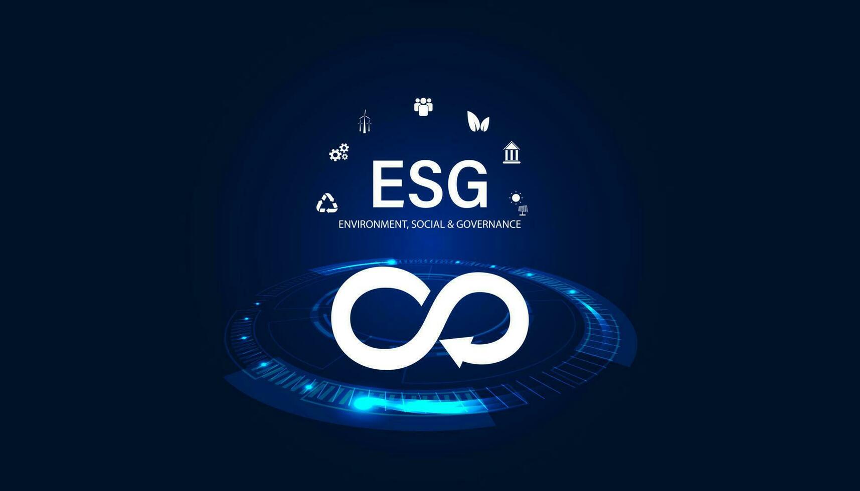 Abstract ESG concept Environment, Social, and Governance, illustrated idea Circular Economy Symbols and icons, people, wind turbines, bank, solar power on circle blue vector