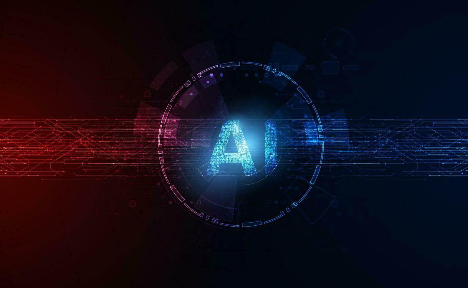 Abstract ai artificial intelligence modern digital concept circuit board and circles on red and blue background futuristic beautiful high tech vector