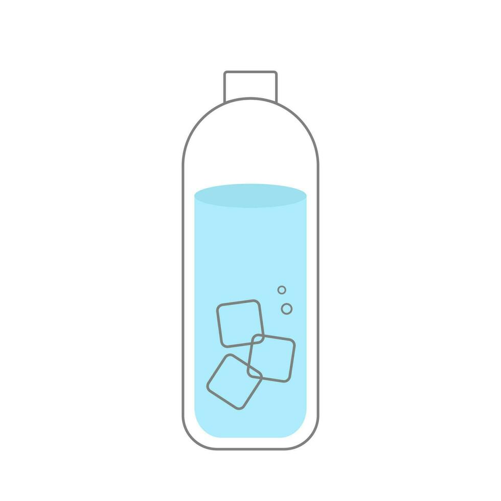 botella con agua, hielo cubitos y aire burbujas línea vector ilustración. contorno dibujo de el plastico o vaso botella.