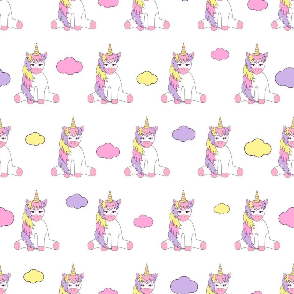 Vector seamless children's pattern. Unicorns with clouds.