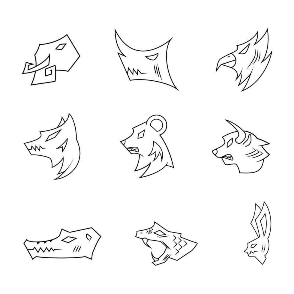 nine collection of illustrations of elephant, rabbit, bear, wolf, eagle, rhino, crocodile, bull, snake in line art style. simple, minimal and creative concept. used for logos, icons, symbols or mascot vector