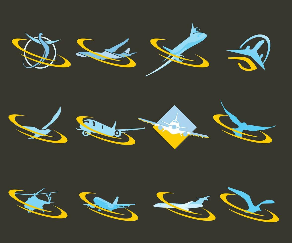 un conjunto de logos para el aerolínea y aero aire vuelo avión chorro mosca logo diseño íconos aerolínea chorro pájaro vector
