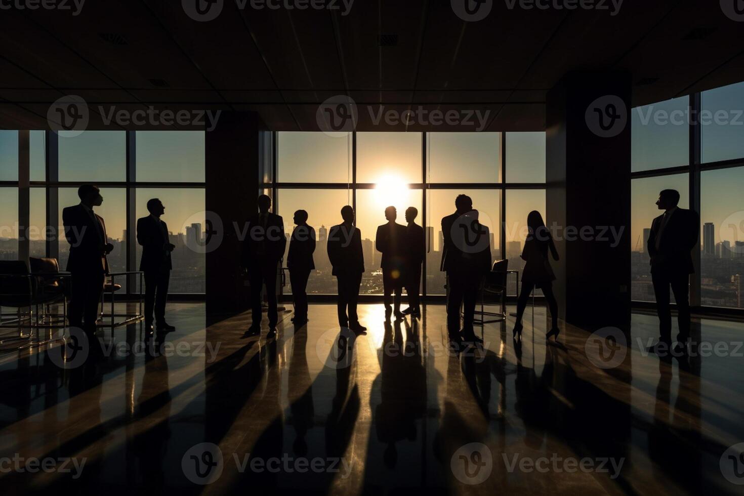 silhouette business people working at bright office with photo