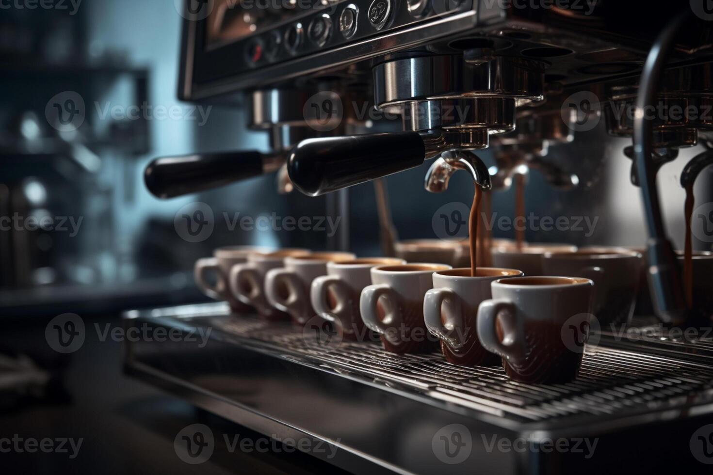 espresso machine dispenses coffee into cups on stainless steel espressor with photo