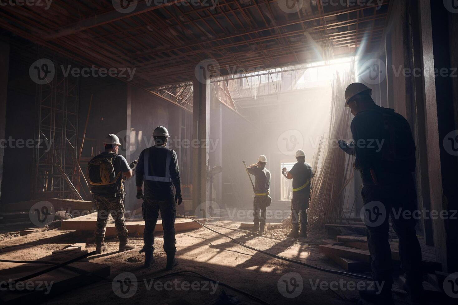 Group of builders working at construction site by taking pictures from the back with photo