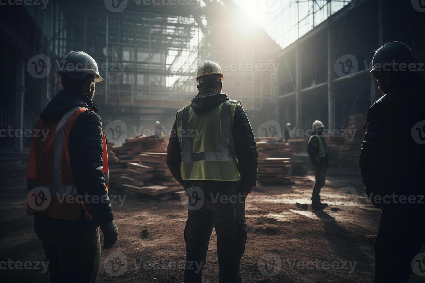 Group of builders working at construction site by taking pictures from the back with photo